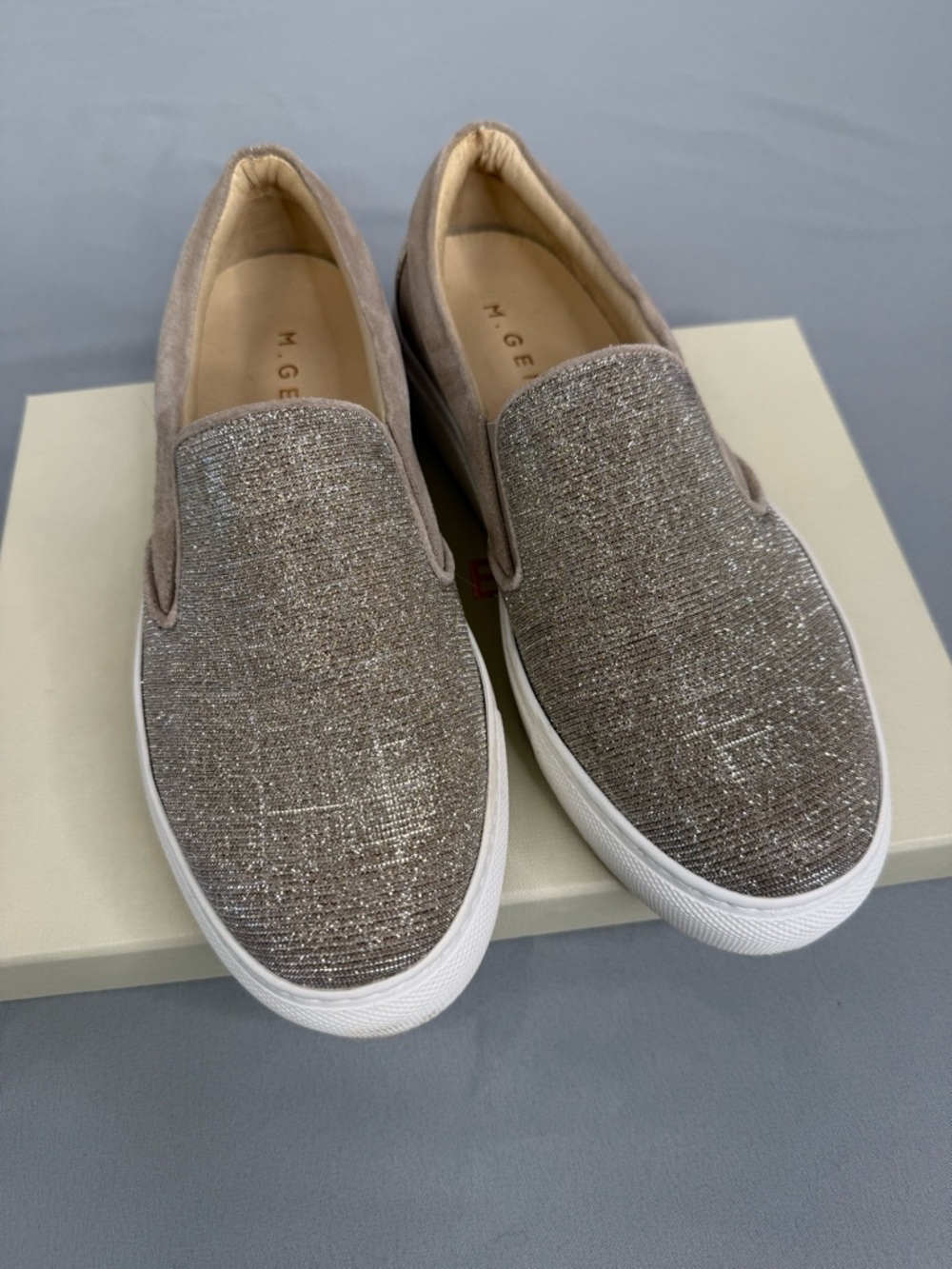 M. Gemi Dolce Suede Shimmer Italian Leather Slip-on Sneakers Size 38 w/ shoe box